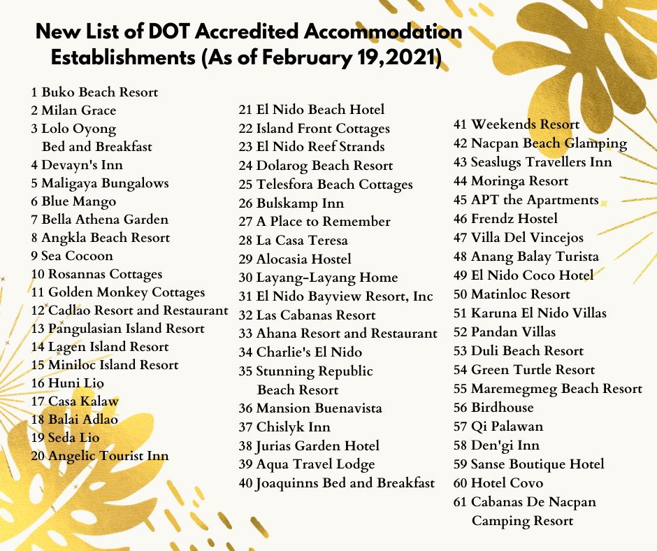 El Nido Palawan - New List of DOT Accredited Accommodation Establishments and Travel Agencies (As of February 19, 2021)