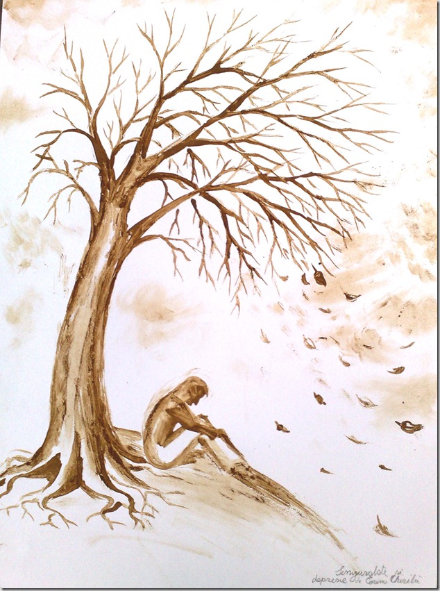 Singuratatea si depresie Copacul despresiv pictura facuta cu cafea