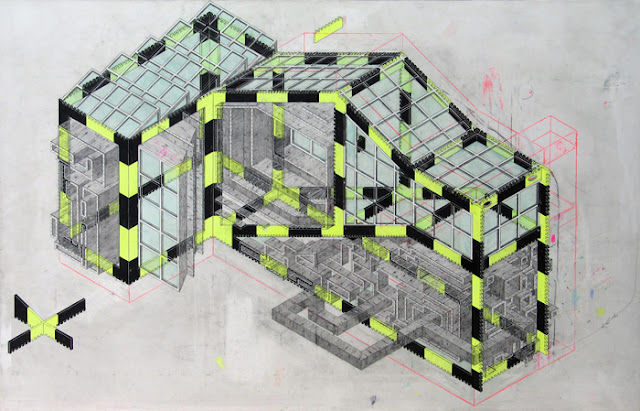 Arte, dibujo contemporaneo, pencil on paper drawing, "Isometric Funeral" por Joseph Burwell, 2012.
