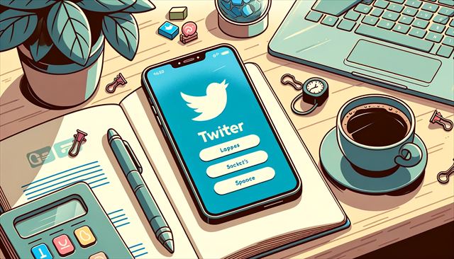 Illustration of a smartphone on a desk, showcasing the Twitter app on its screen. The background depicts a casual setting with a cup of coffee and a notebook.