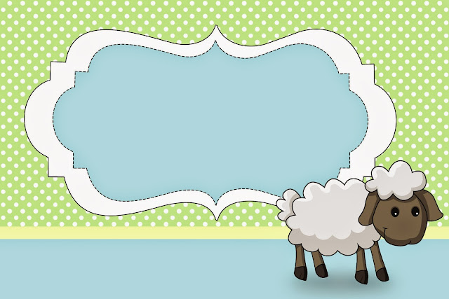 Cute Sheep in Light Blue and Green: Free Printable Invitations, Labels or Cards.