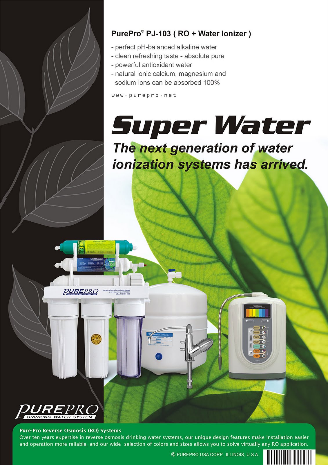 PurePro Perfect Water PJ-103 Reverse Osmosis + Water Ionizer Water Filtration System