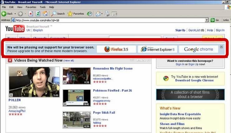 youtube pidiendo usar navegadores recientes