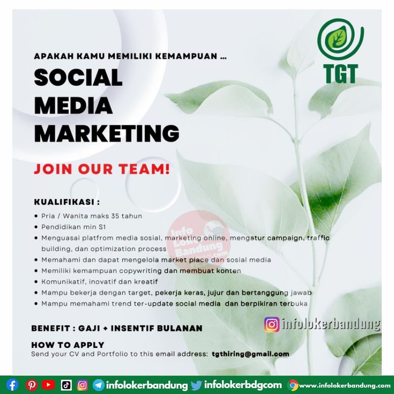 Lowongan Kerja Social Media Marketing TGT Bandung April 2022