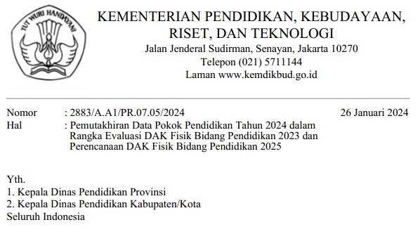 Surat Edaran Sesjen Kemendikbudristek tentang Pemutakhiran Data Pokok Pendidikan Tahun 2024