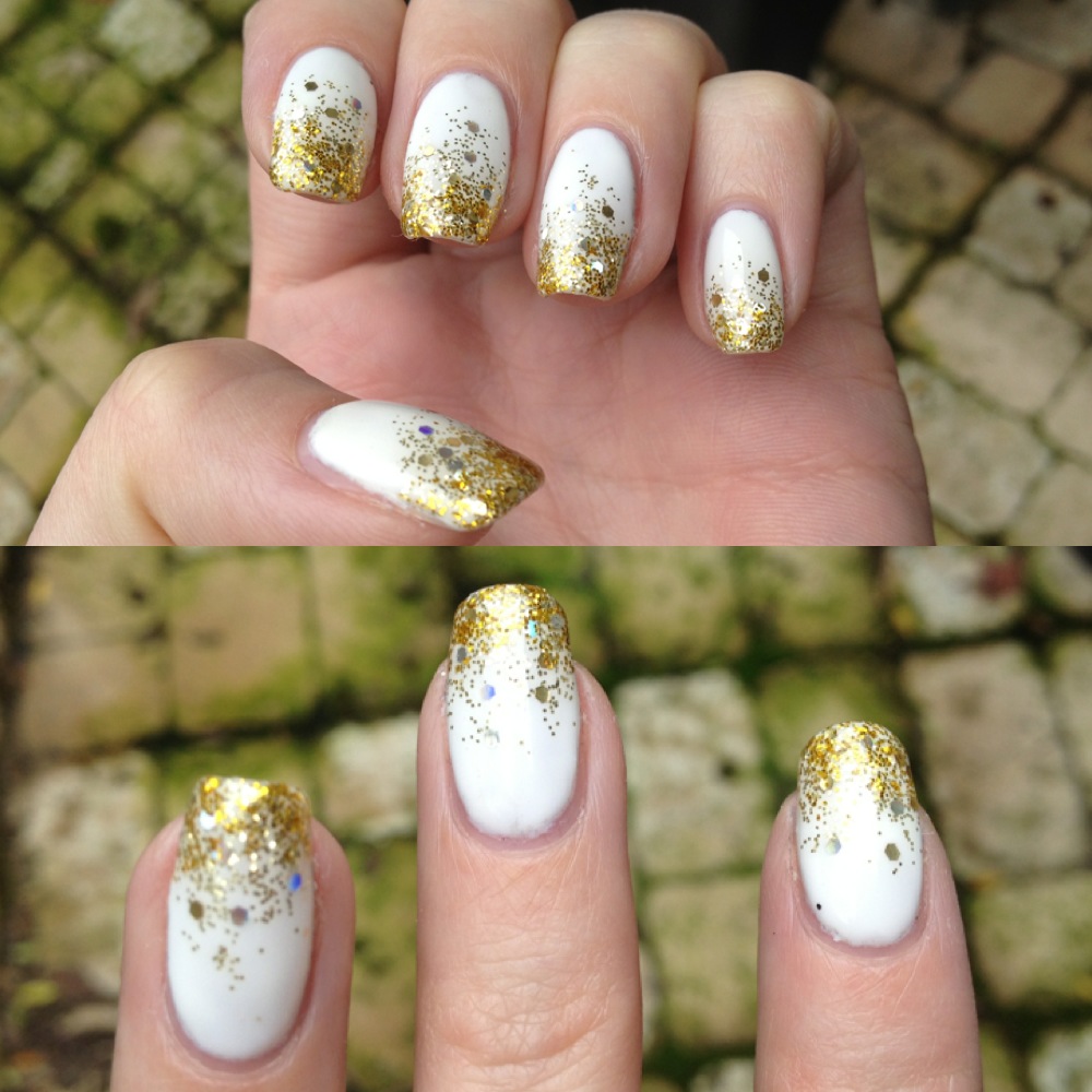 Gelish Sleek White with gold glitter fade