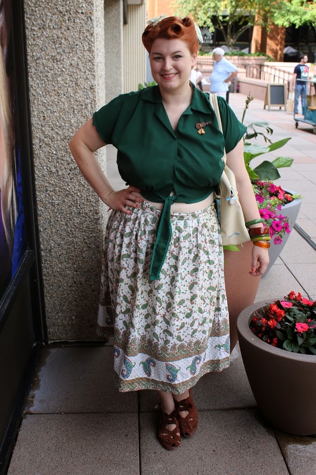 Va-Voom Vintage green tie blouse, plus size 1950s drindl skirt 1940s style pin up rolls vintage hair
