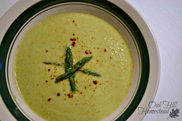 Cream of asparagus soup - a delicious and bright spot of spring on your winter table. From Oak Hill Homestead