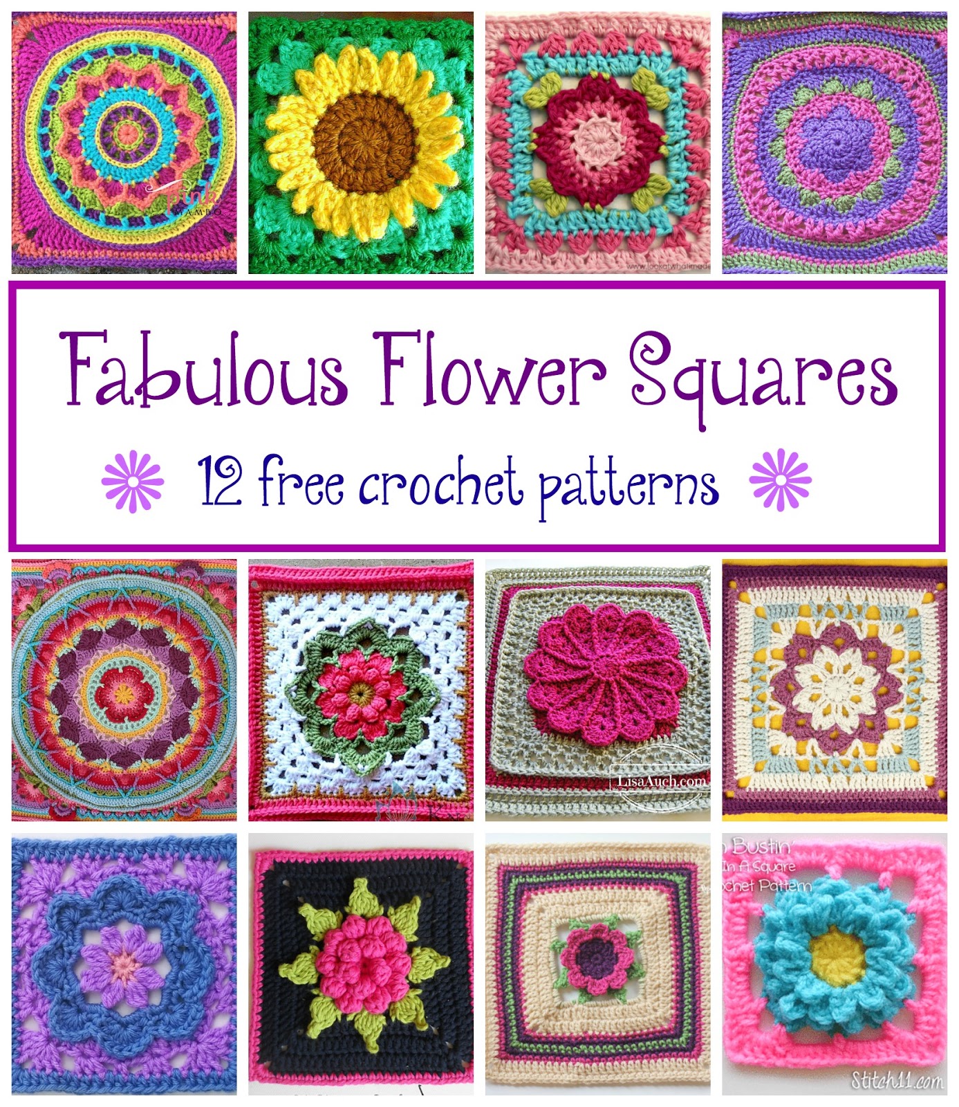Fiber Flux Fabulous Flower  Squares  12 Free Crochet  