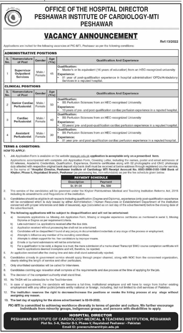 PIC Jobs 2022 Latest Advertisement Apply Online - Peshawar Institute of Cardiology PIC Jobs 2022 Latest Advertisement Apply Online - Peshawar Institute of Cardiology
