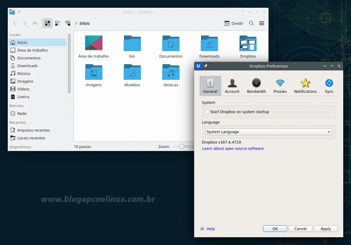 Cliente do Dropbox executando no openSUSE Tumbleweed