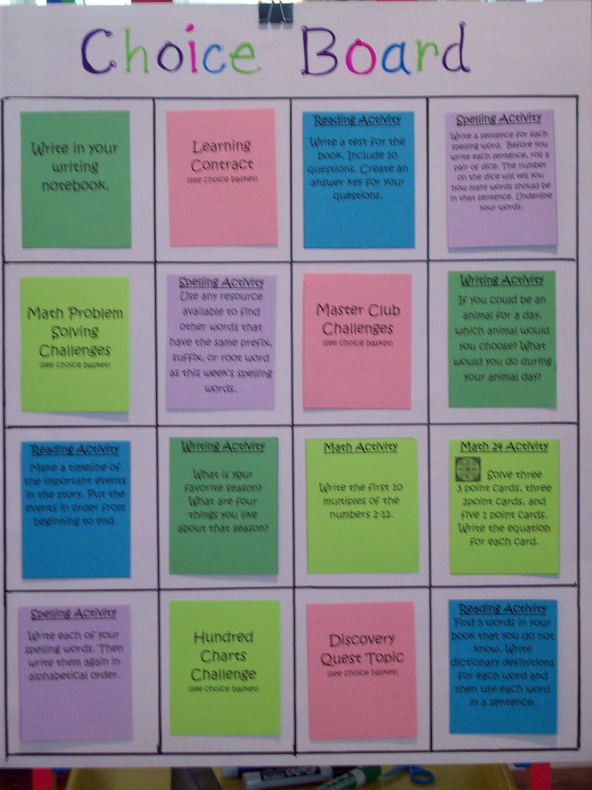 Download choice board for enrichment and early finishers...color coded by subject...change choices often