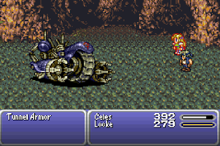 Locke and Celes fight the Tunnel Armor, the boss of Locke's scenario in Final Fantasy VI.