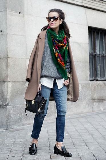 best layered outfit for this season : loafers + printed scarf + bag + white shirt + sweater + nude coat