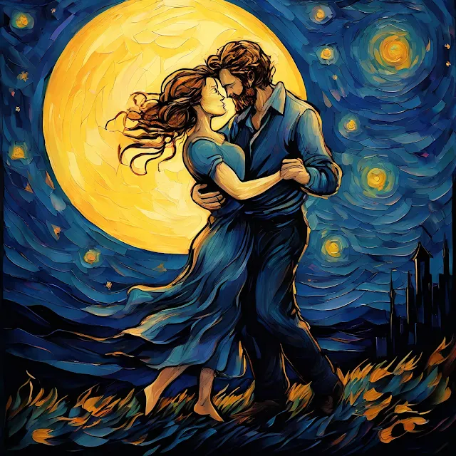 Enamorados bailando bajo las estrellas. Arte digital