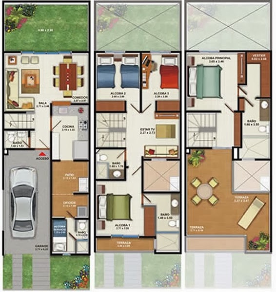 Drawings of a 160m2 house of three floors and four bedrooms.
