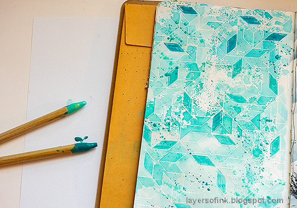 Layers of ink - Birthday Art Journal Page Tutorial by Anna-Karin Evaldsson. Splatter with Distress Watercolor Pencils.