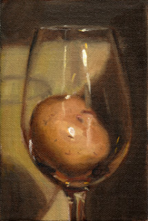 Oil painting of a potato inside a large wine glass.