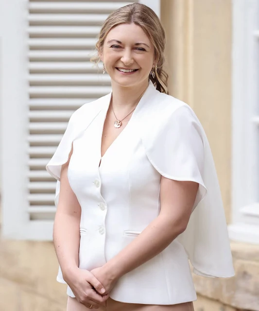 Princess Stephanie wore a pale olive Alcove intarsia jumper by Joseph, and Myliane sleeveless crepe jacket by Anne Fontaine