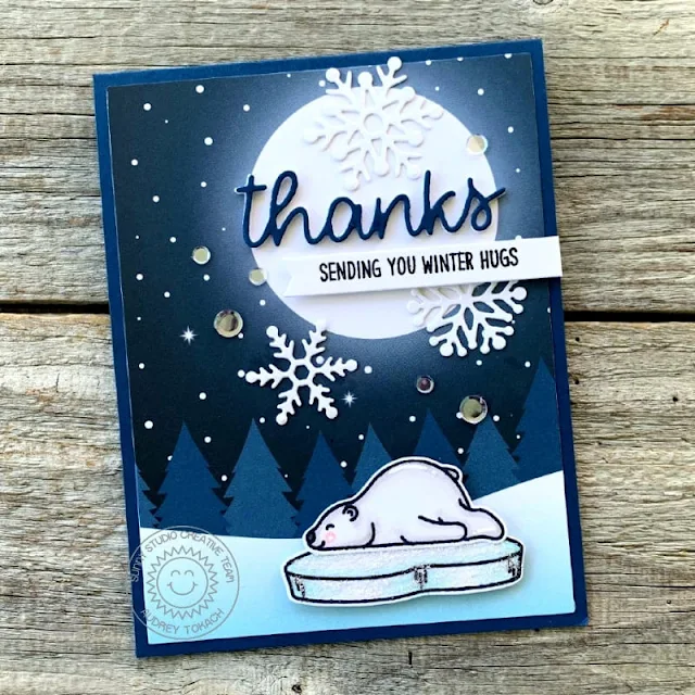 Sunny Studio Stamps: Bear Hugs Winter Holiday Card by Audrey Tokach (featuring Thank You Word Dies, Lacy Snowflake Dies)