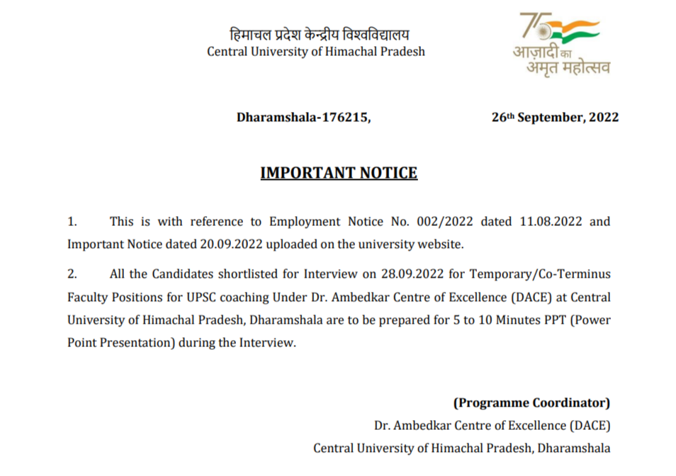 Important Notice dated 26.09.2022 for candidates shortlisted for interview for various teaching positions in Dr. Ambedkar Centre for excellency:-HPCU