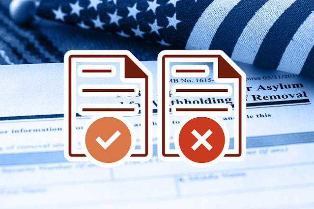 An American flag and Form i-589 with accept/reject icons overlaid