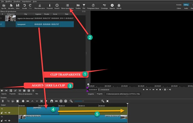 aggiungere clip trasparente alla timeline