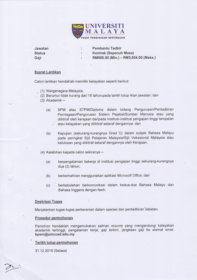 Jawatan Kosong Terkini di Universiti Malaya (UM 