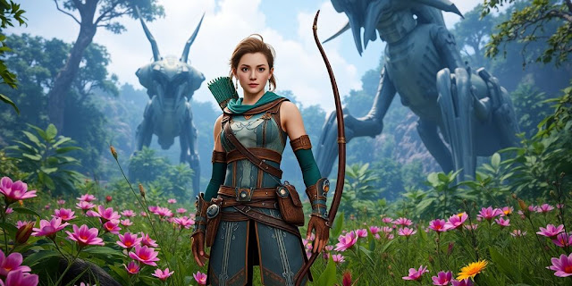Aloy in a vibrant, futuristic landscape with robotic creatures.