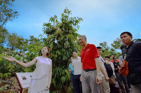 Leung Zhi Ying (left) from Nanyang Girls' High School sharing plants information with Prime Minister Lee Hsien Loong at the Botanists' Boardwalk in the Keppel Discovery Wetlands at the Learning Forest on March 31, 2017.