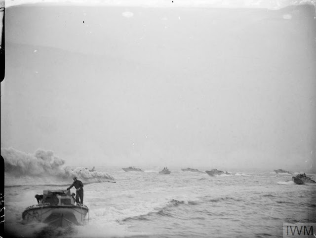 LCP landing craft approaching Dieppe under smoke screen.
