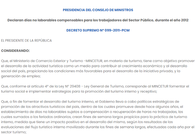 En el 2012 sector público contará con 8 feriados