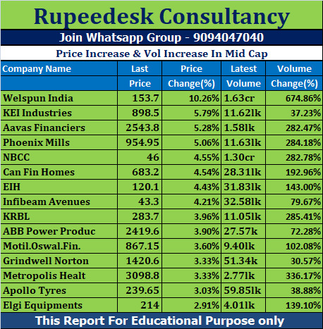 Price Increase & Vol Increase In Mid Cap