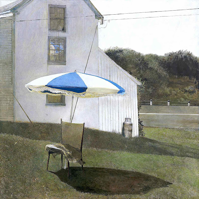 an Andrew Wyeth painting of a chair and umbrella outside a farmhouse