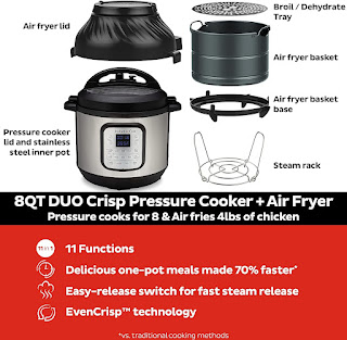 Instant Pot Duo Crisp 11-in-1 Electric Pressure Cooker with Air Fryer Lid, 8 Quart Stainless Steel/Black, Air Fry, Roast, Bake, Dehydrate, Slow Cook, Rice Cooker, Steamer, Sauté