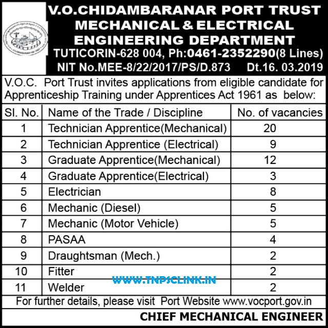 VOC Port Trust Tuticorin Apprenticeship Recruitment Notification 2018