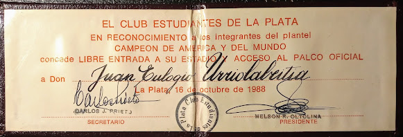 Reconocimiento a Juan Eulogio Urriolabeitia por la obtención del campeonato de América y del Mundo en 1968 con Estudiantes de La Plata