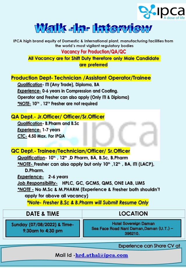 Ipca Labs | Walk-in interview at Daman for Freshers and Expd on 7th Aug 2022