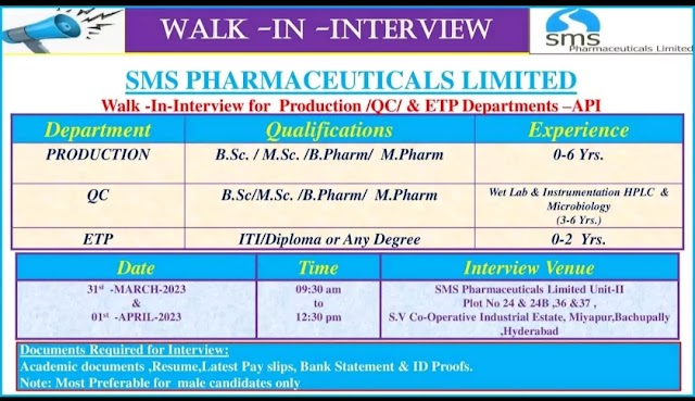 SMS Pharmaceuticals | Walk-in interview for Freshers and Experienced on 31st March & 1st April 2023 