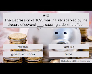 The Depression of 1893 was initially sparked by the closure of several ___, causing a domino effect. Answer choices include: railroads, factories, government offices, farms