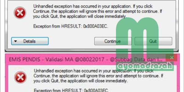 Solusi Error Emis : Exception from HRESULT: 0x800A03EC