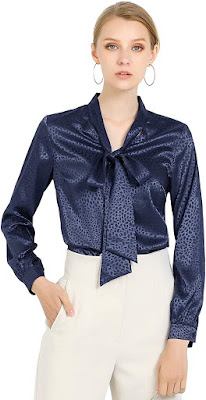 Navy Blue Blouses With Bow Tie