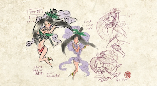 Character design sketches of Sakuya from the PS2 game Okami.