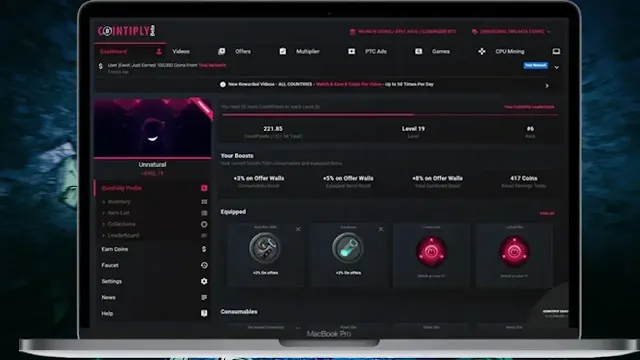 Cointiply dashboard displaying $3 in Bitcoin earnings from watching ads.