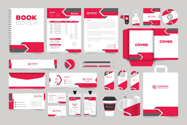 Brand identity template collection. Modern company promotional letterhead, envelope, and badge design for marketing. Corporate company stationery set design for brand promotion. Business advertisement print template collection.