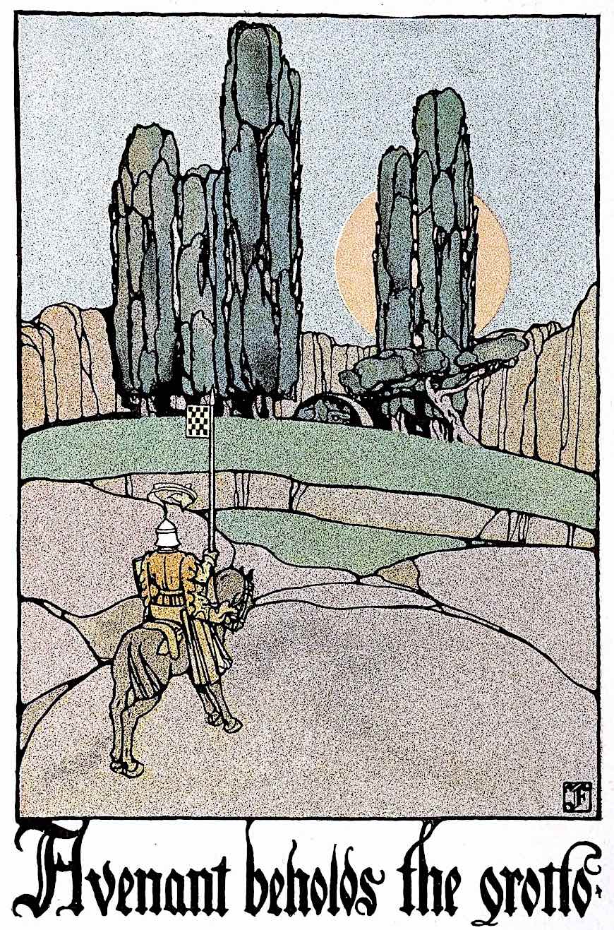 a C.B. Falls 1930 illustration, Avenant beholds the grotto