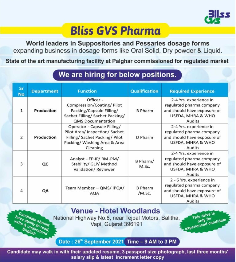 Job Availables,Bliss GVS Pharma – Job Vacancy for Production / QA / QC