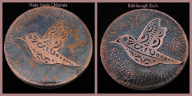 Comparison of Edinburgh Etch and Ferric Chloride on copper.  Both used Vinyl Resists Cut with Silhouette Cameo and were etched for 20 minutes.  Tutorial by Nadine Muir for Silhouette UK Blog