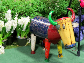 painted metal bull at the Fort Wayne Flower Show