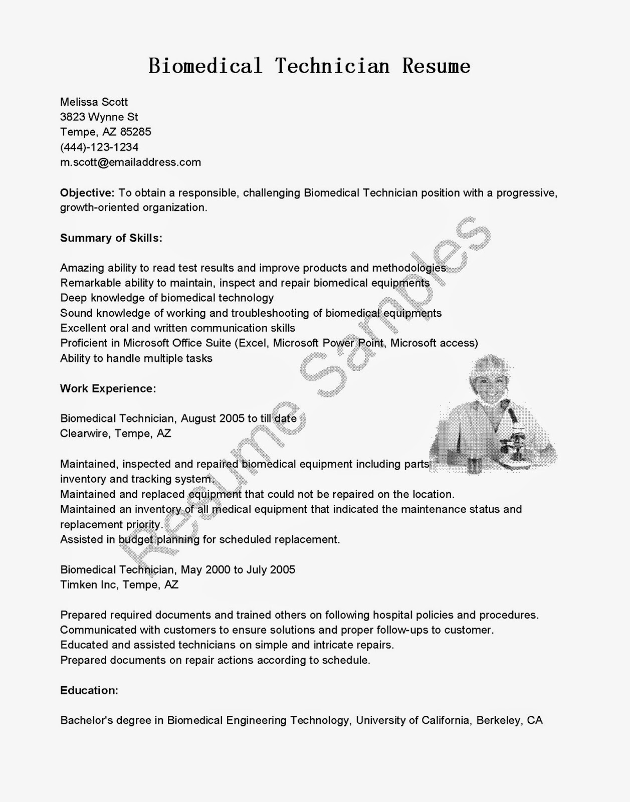 Biomedical Technician Resume Sample